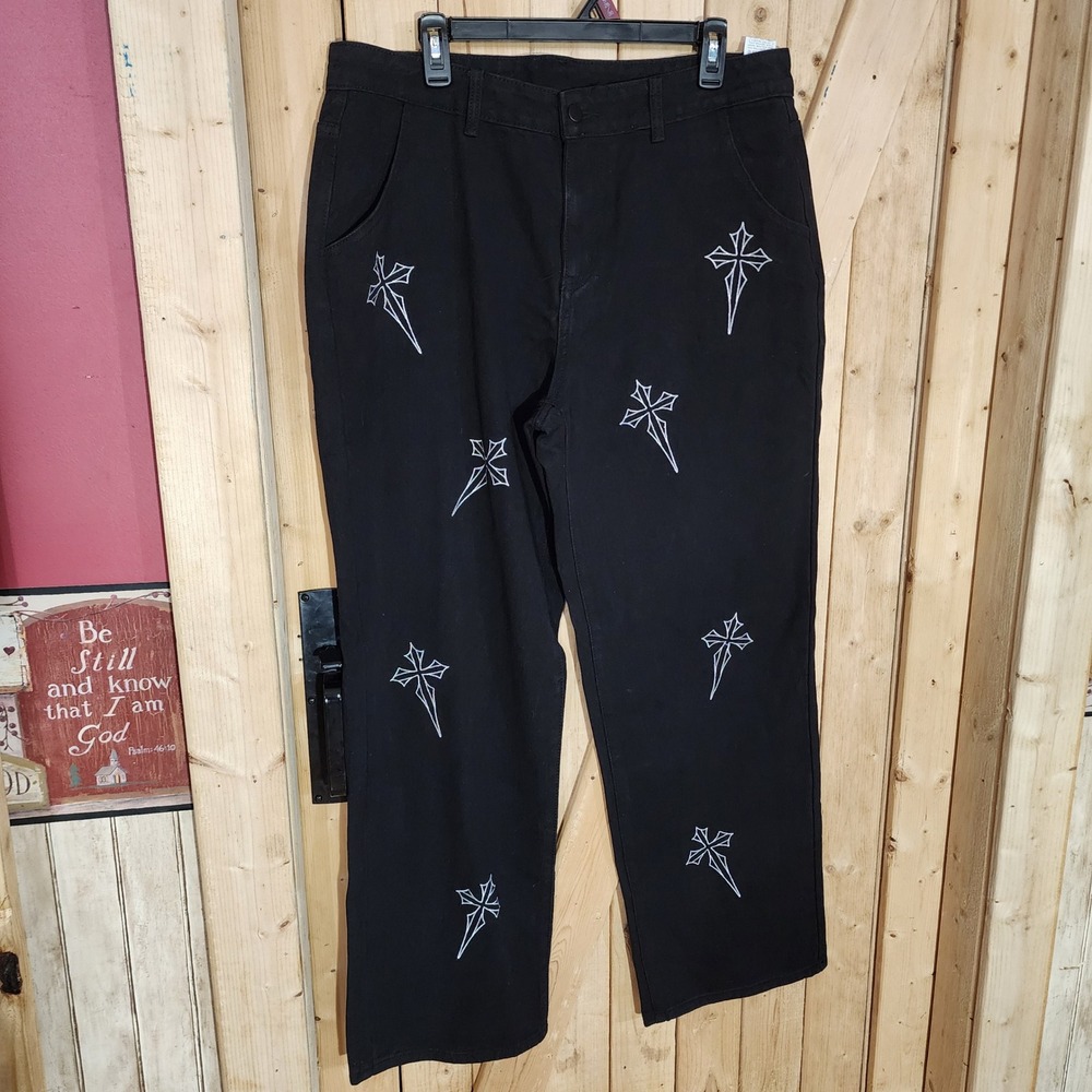 Romwe Mens Black Gothic Cross Embroidered Straight Leg Pants Size 34 NWT